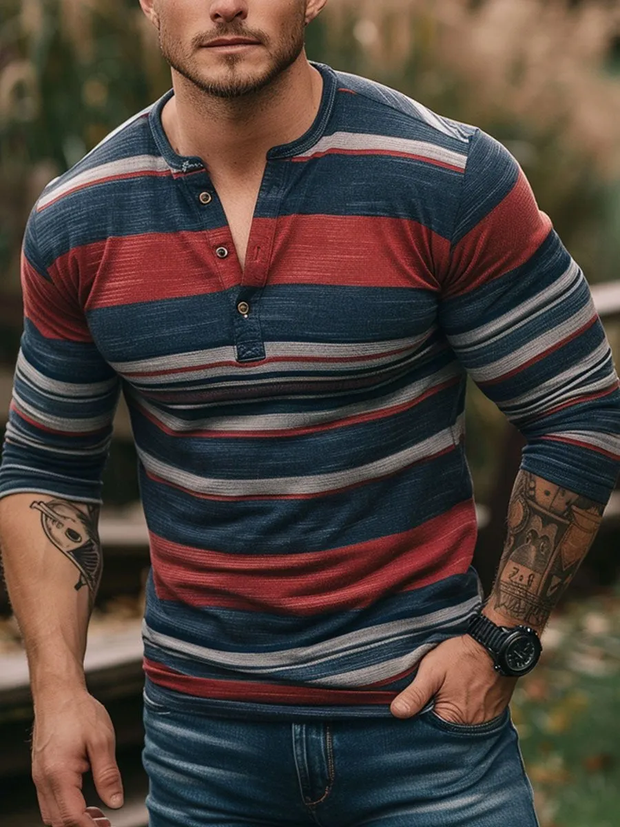 Men's Retro Contrast Stripe Casual Henley Neck Long Sleeve T-Shirt