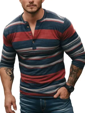 Men's Retro Contrast Stripe Casual Henley Neck Long Sleeve T-Shirt