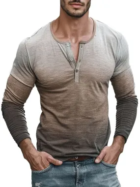 Men's Retro Gradient Print Casual Henley Neck Long Sleeve T-Shirt