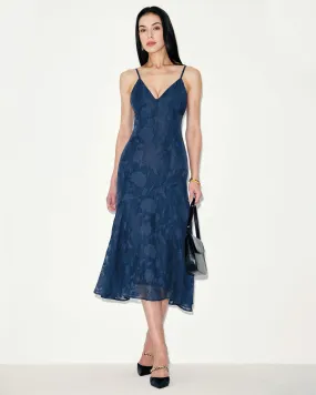 Navy Jacquard Mermaid Slip Midi Dress