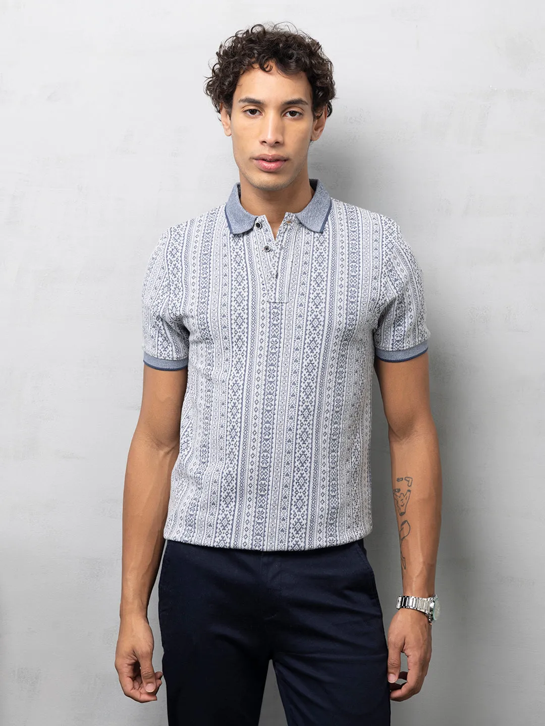 Navy Printed Polo T-Shirt