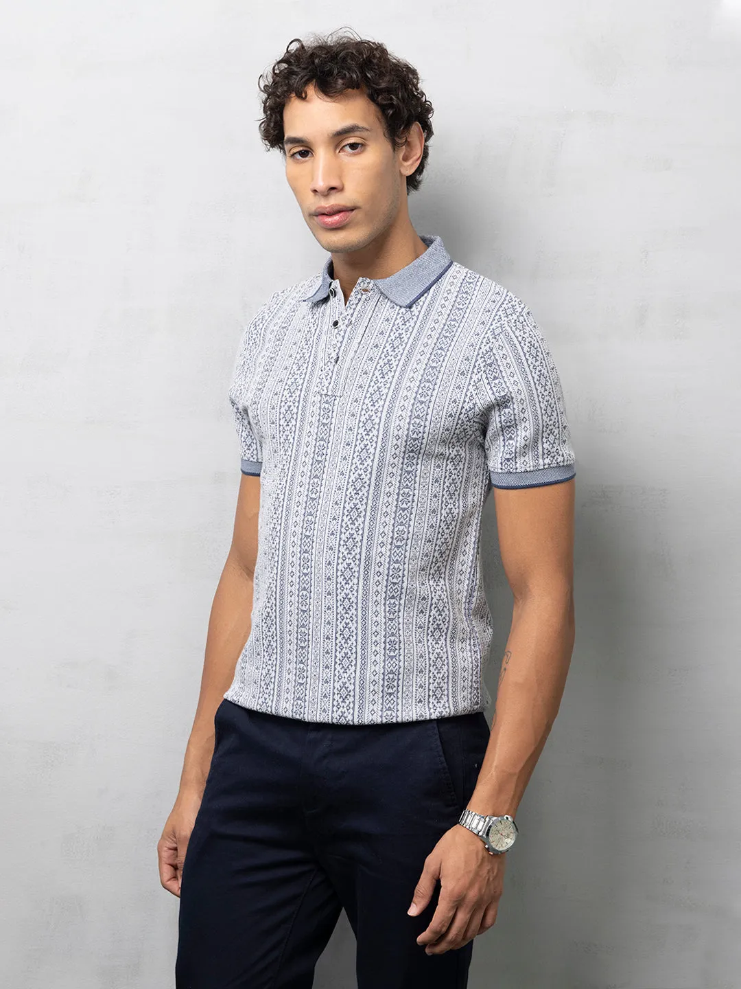 Navy Printed Polo T-Shirt