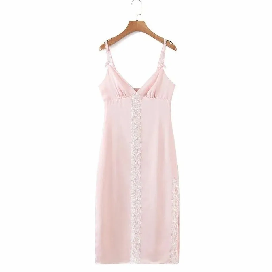 Pink Satin Lace Slip Dress