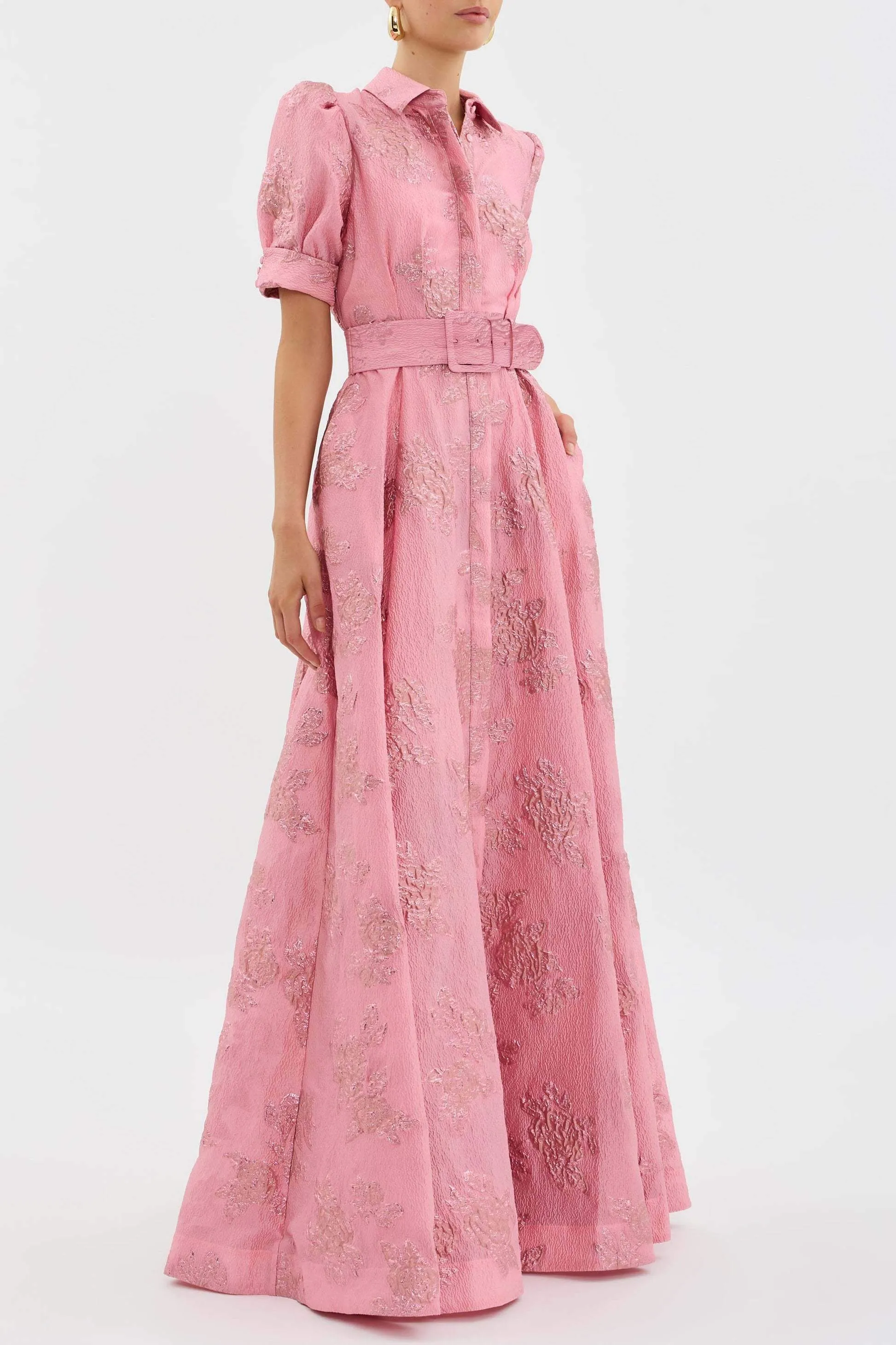 Pink Waist-cinching Button-down Maxi Dress