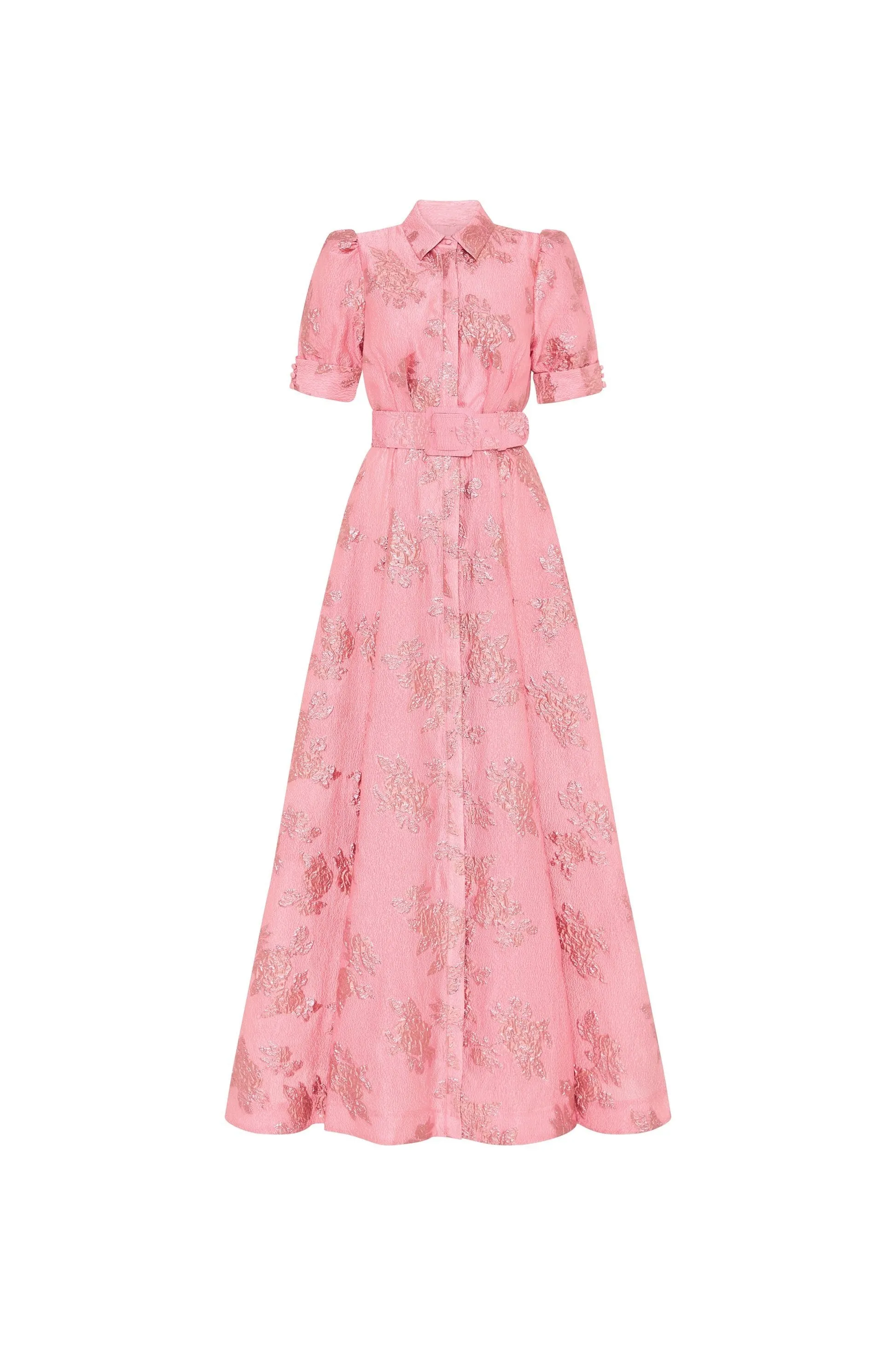 Pink Waist-cinching Button-down Maxi Dress