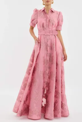Pink Waist-cinching Button-down Maxi Dress