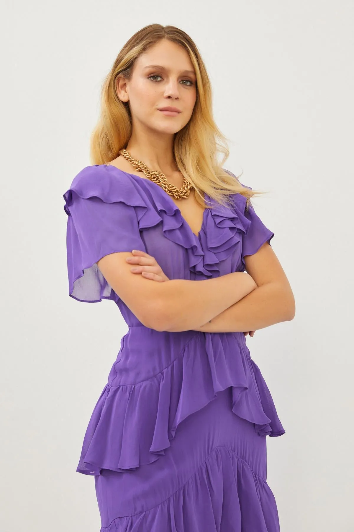 Purple Ruffle Detail Maxi Dress