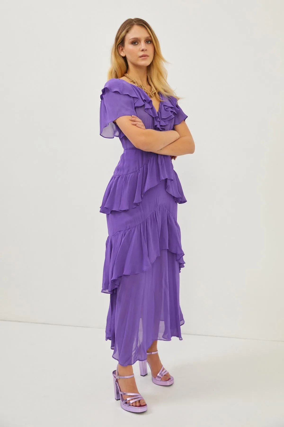 Purple Ruffle Detail Maxi Dress