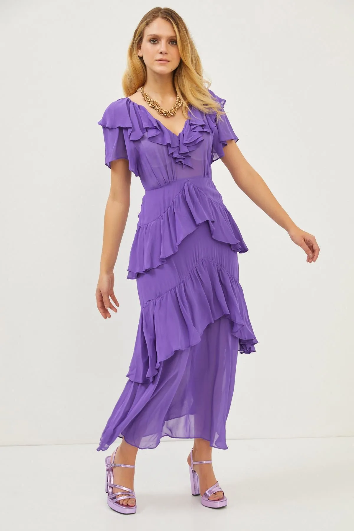 Purple Ruffle Detail Maxi Dress
