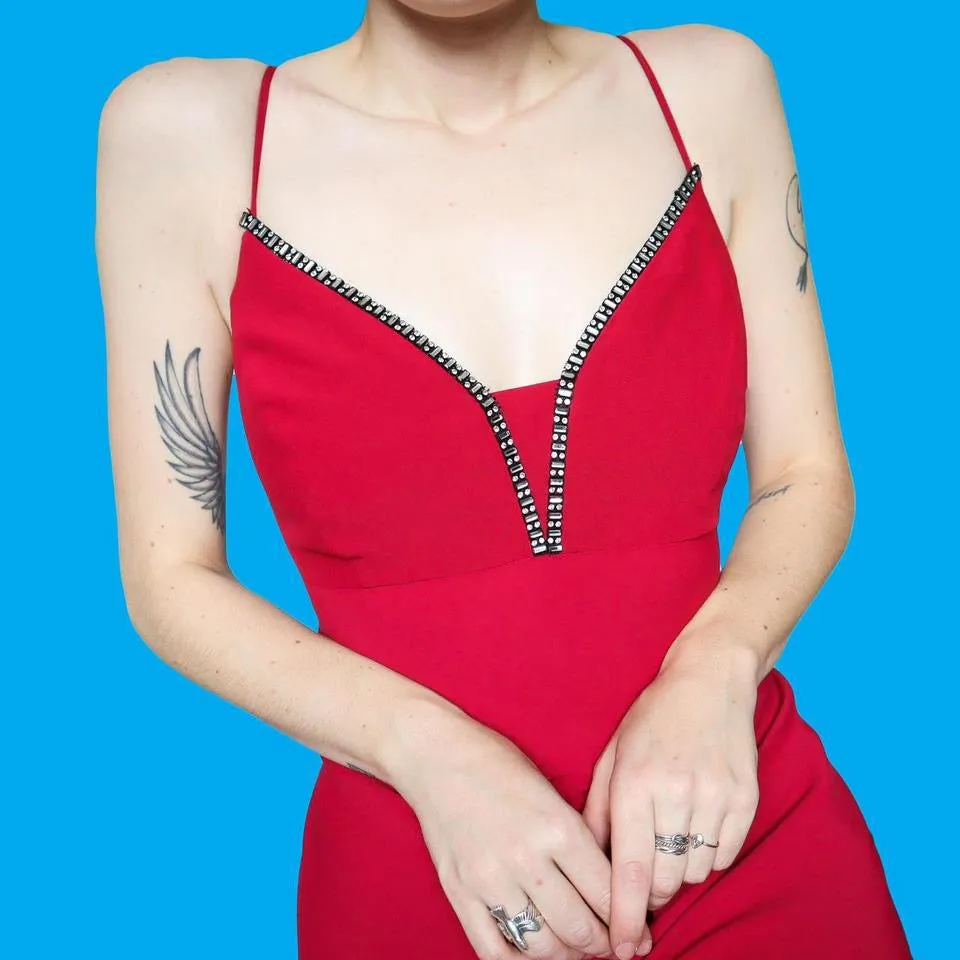 Red flared slip evening dress UK 16