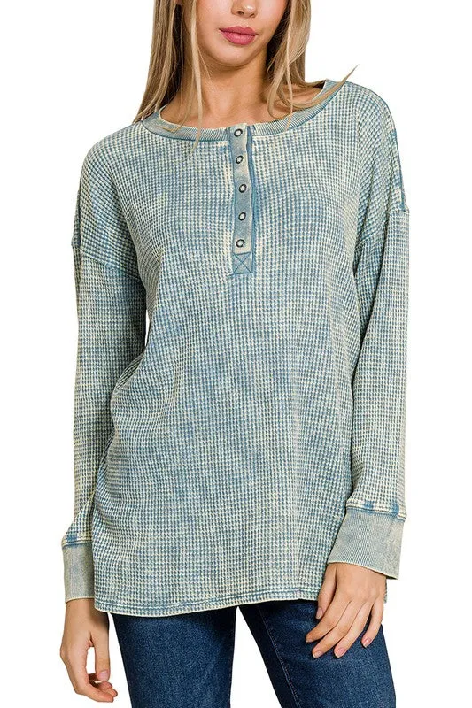 Right This Way Blue Grey Waffle Top