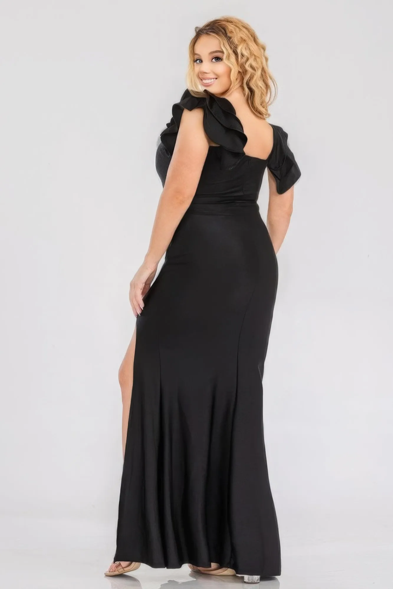 Satin Strech Ruffle Party Maxi Dress