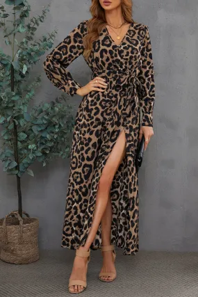 Sexy V Neck Cuffed Sleeve Leopard Maxi Dress