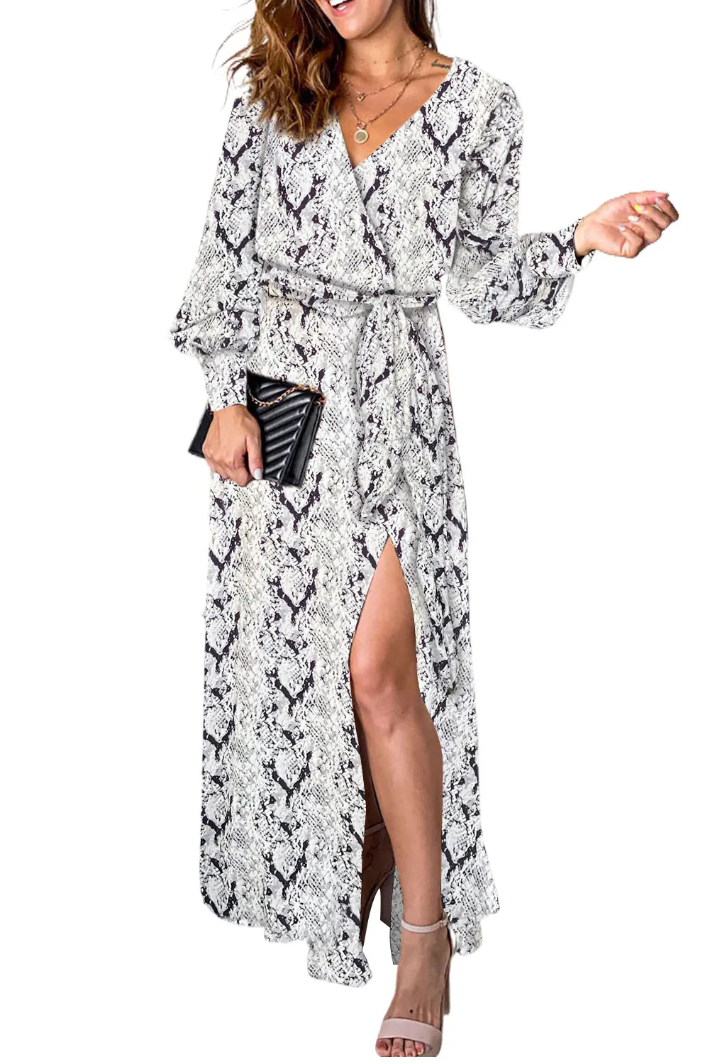 Sexy V Neck Cuffed Sleeve Leopard Maxi Dress
