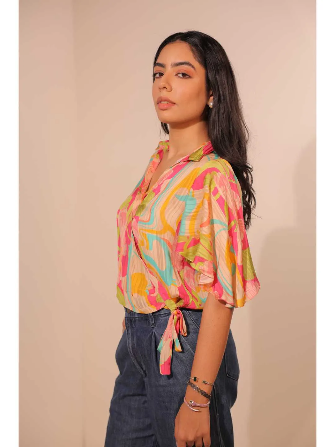 stylish viscose dobby stripped printed crossover side  knotted butterfly sleeve top - Multi