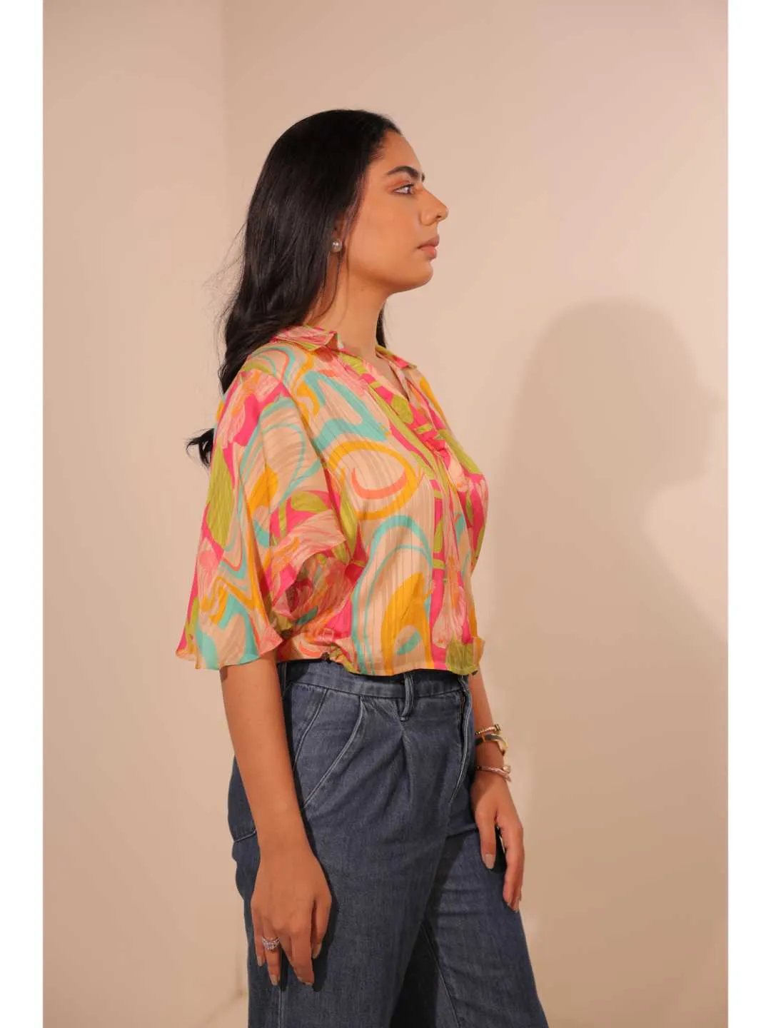 stylish viscose dobby stripped printed crossover side  knotted butterfly sleeve top - Multi