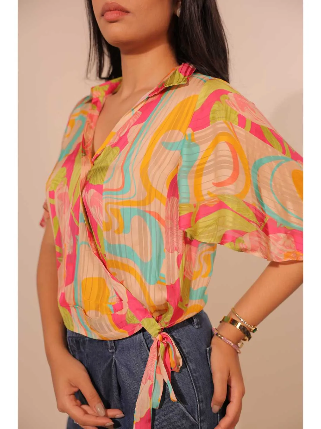 stylish viscose dobby stripped printed crossover side  knotted butterfly sleeve top - Multi