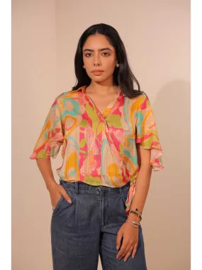 stylish viscose dobby stripped printed crossover side  knotted butterfly sleeve top - Multi