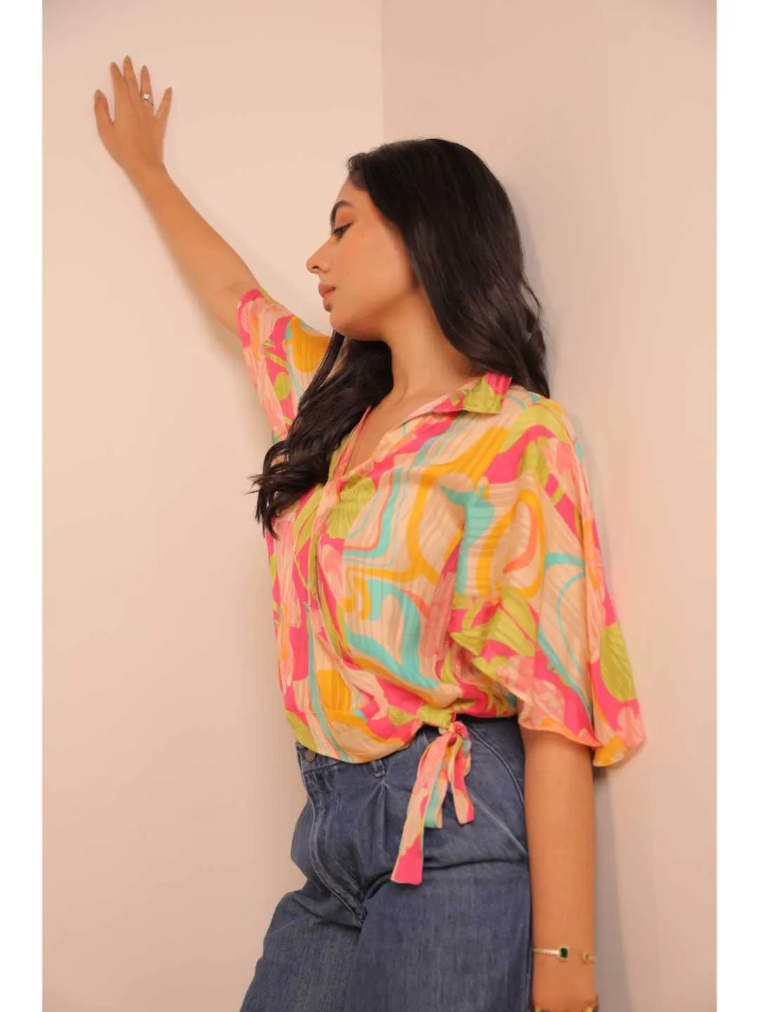 stylish viscose dobby stripped printed crossover side  knotted butterfly sleeve top - Multi