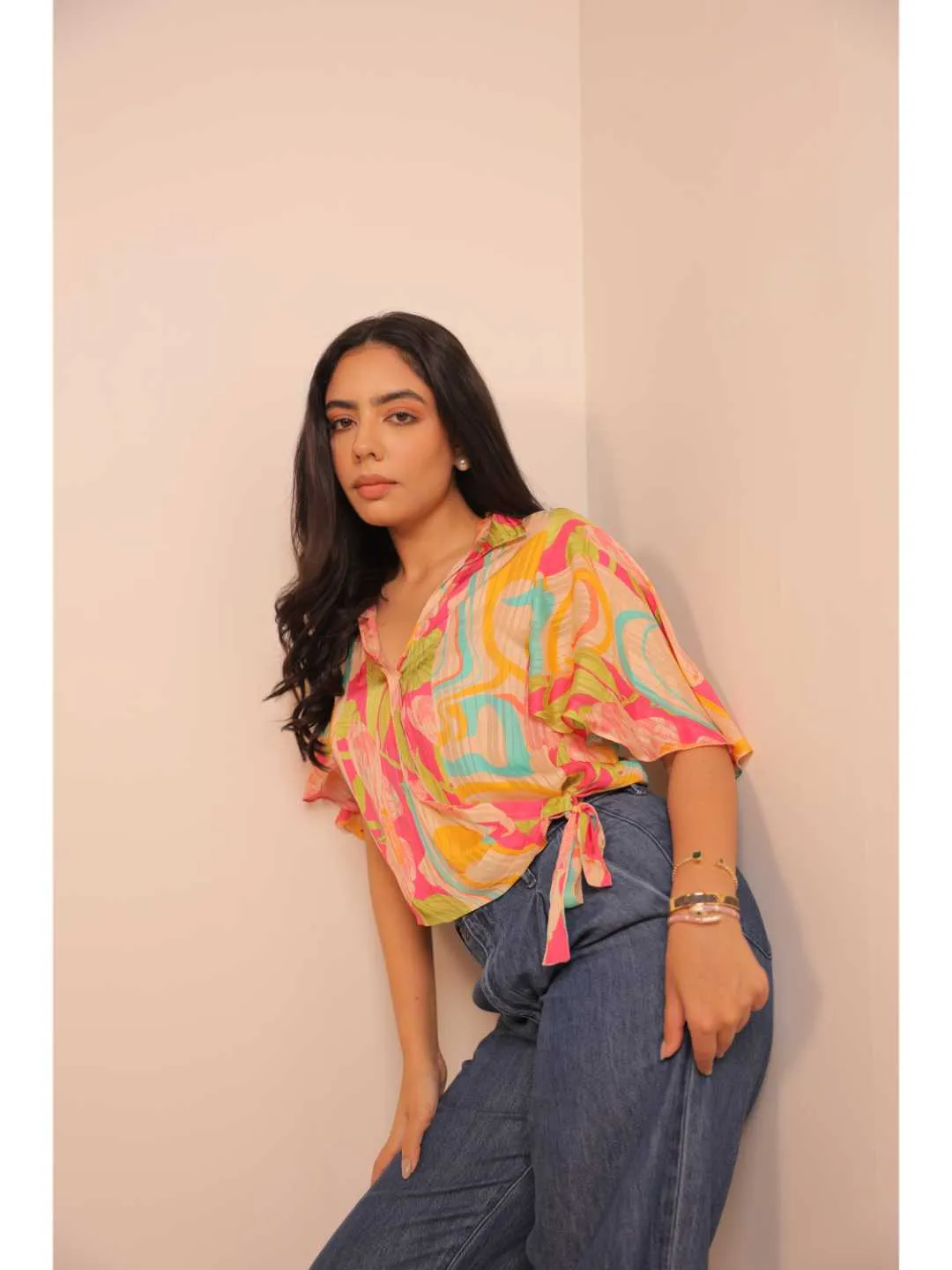 stylish viscose dobby stripped printed crossover side  knotted butterfly sleeve top - Multi
