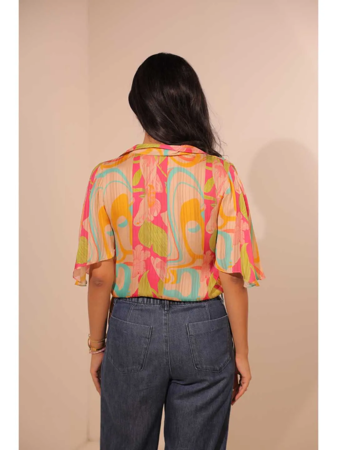 stylish viscose dobby stripped printed crossover side  knotted butterfly sleeve top - Multi