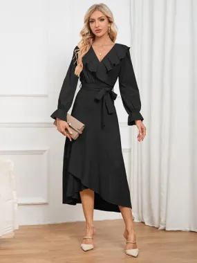 Surplice Tie Front Ruffled Dress