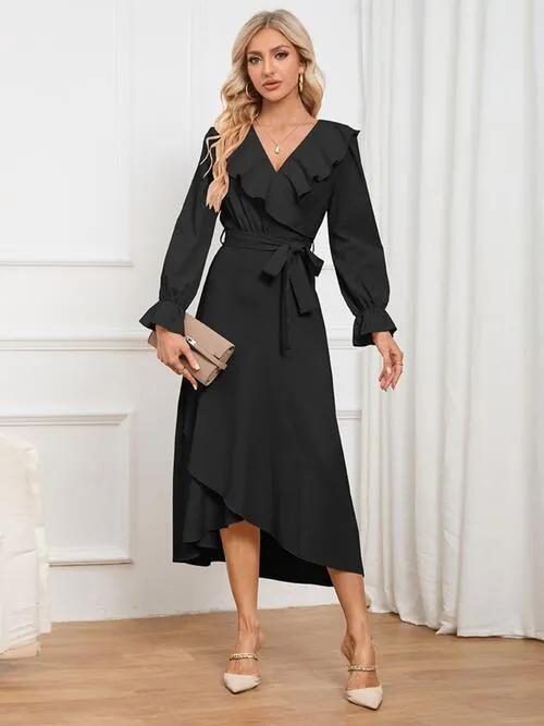 Surplice Tie Front Ruffled Dress