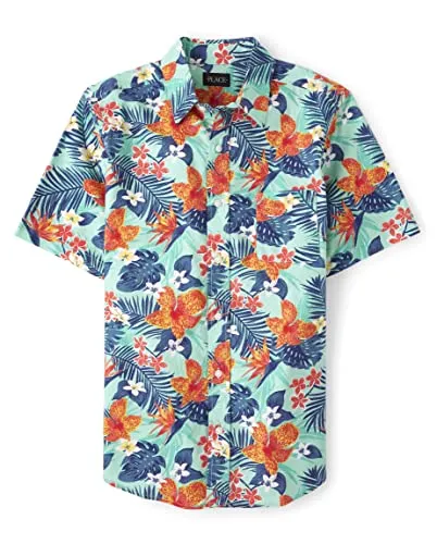 The Children's Place,Family Matching Short Sleeve Button Down Shirt, Dad and Son,Boys,Hawaiian Tropic,XX-Large