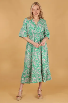 Tropical Leaf Print V-Neck Shirred Maxi Dress with Fluted Sleeves in Green