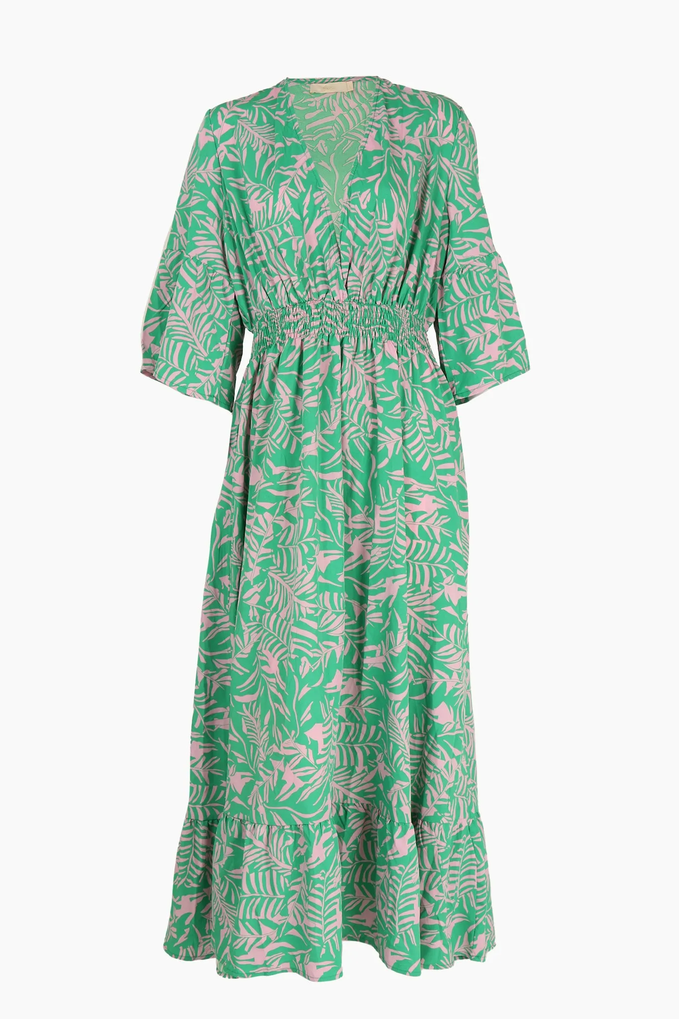 Tropical Leaf Print V-Neck Shirred Maxi Dress with Fluted Sleeves in Green