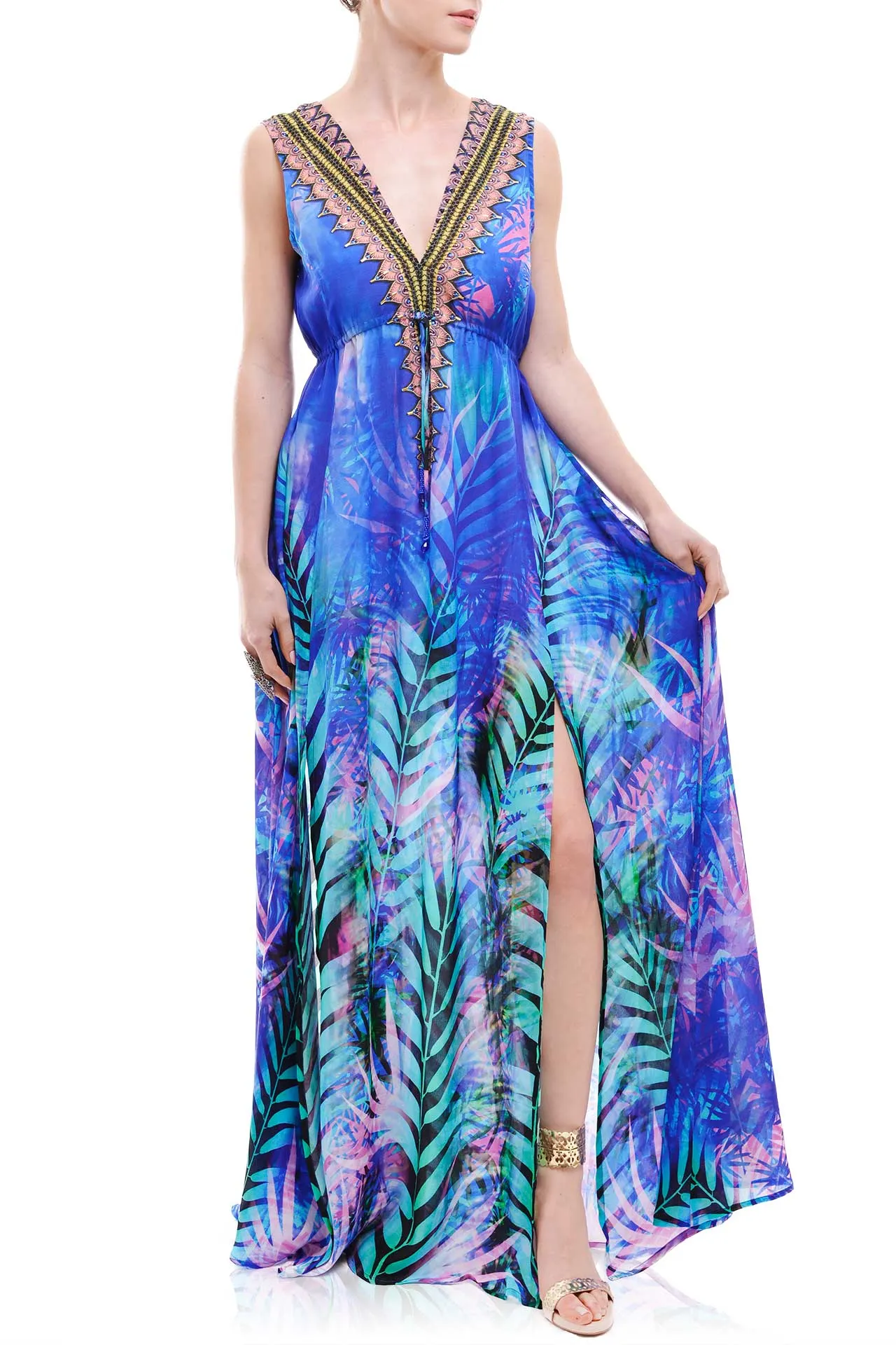 Tropical Print Blue Colour Maxi Dress