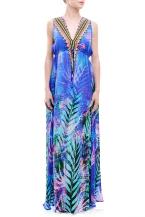 Tropical Print Blue Colour Maxi Dress