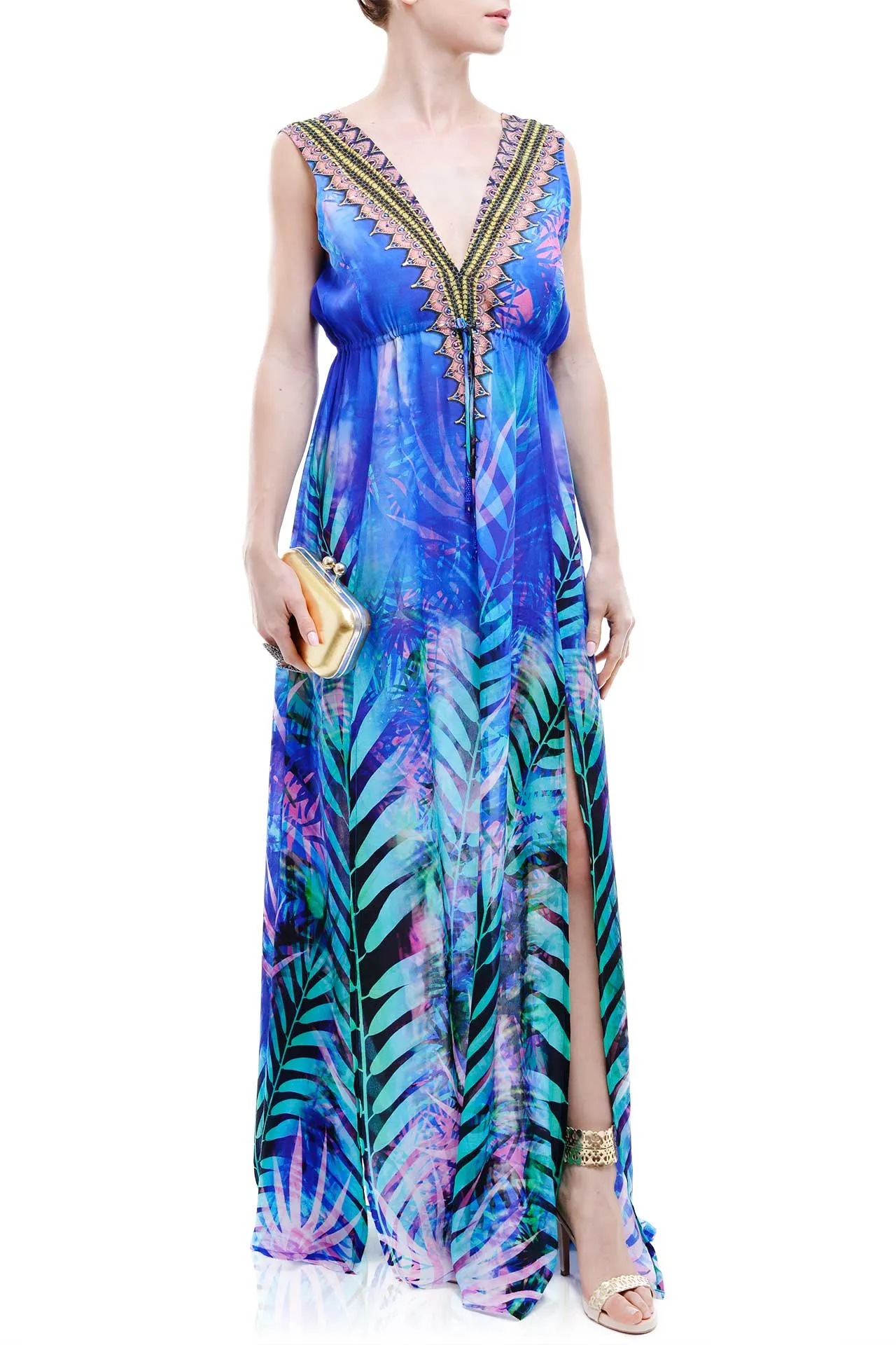 Tropical Print Blue Colour Maxi Dress