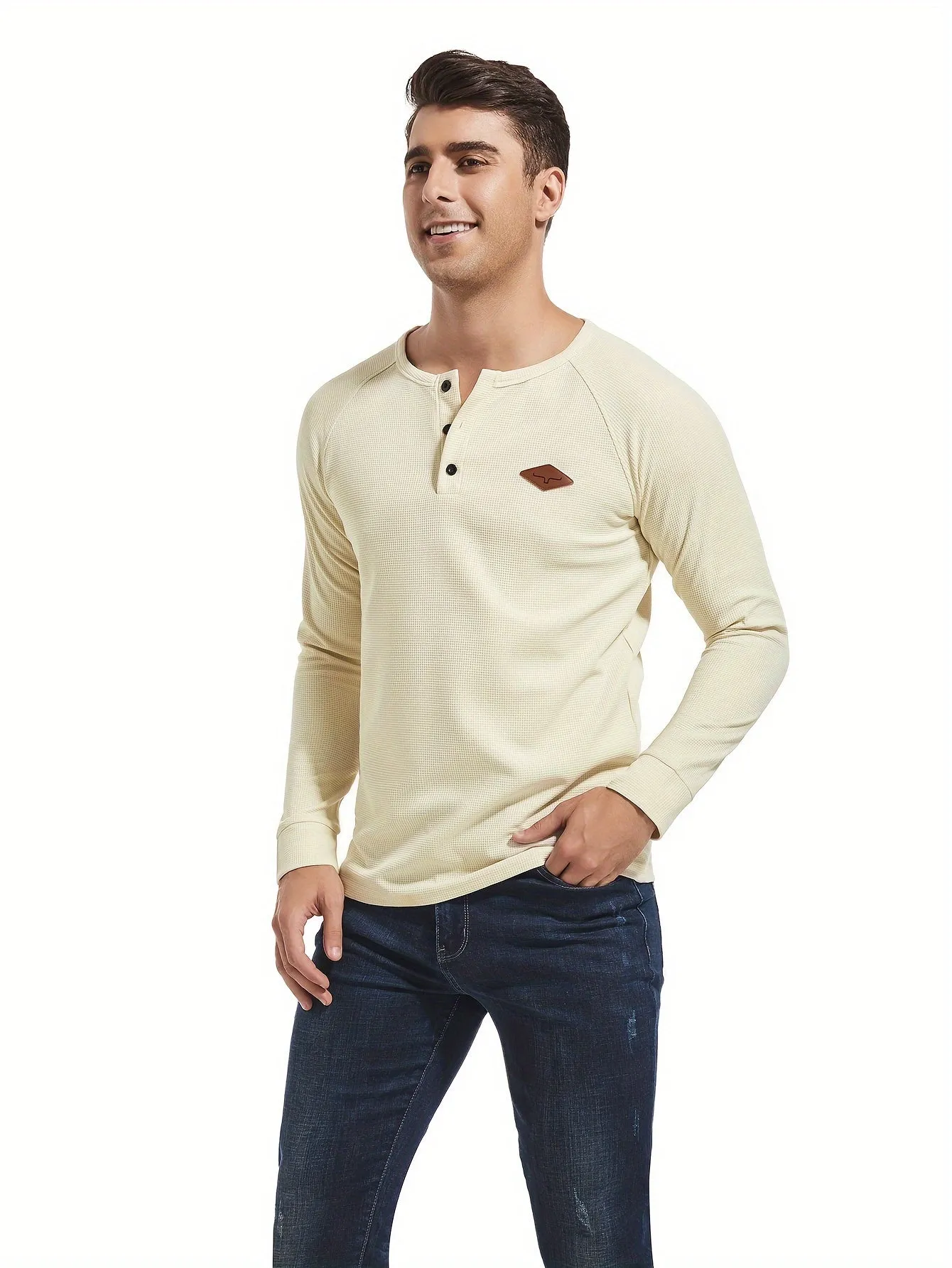 Truiger - Heren Wafelgebreide Lange Mouw Henley Shirt met Geborduurd Logo