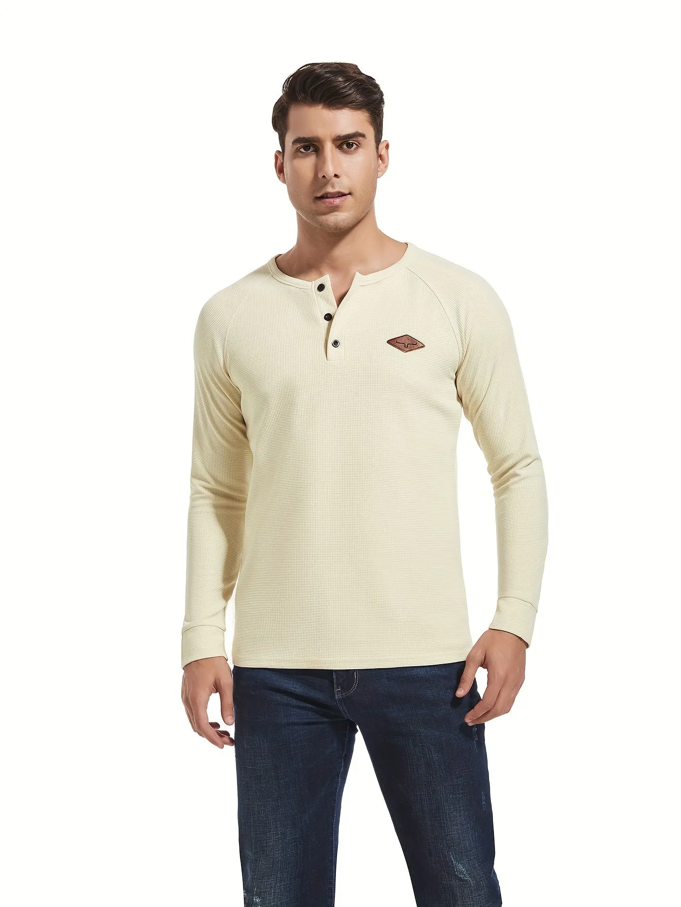 Truiger - Heren Wafelgebreide Lange Mouw Henley Shirt met Geborduurd Logo