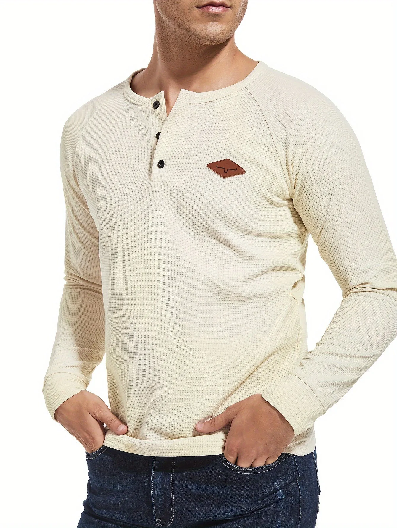 Truiger - Heren Wafelgebreide Lange Mouw Henley Shirt met Geborduurd Logo