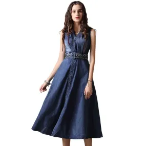 V-Neck A-Line Sleeveless Belted Single Breasted Denim Dress