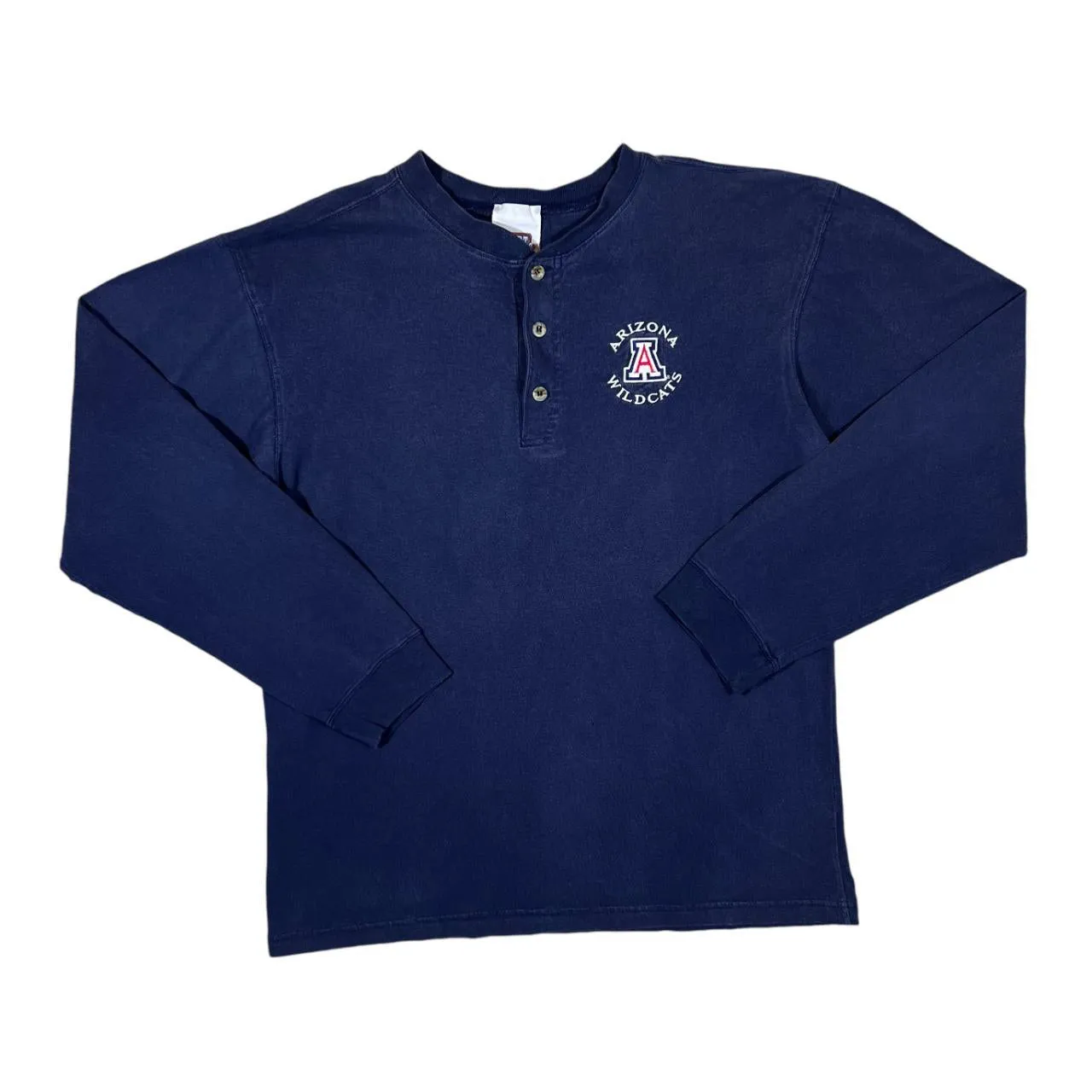 Vintage ARIZONA WILDCATS Embroidered College Logo Long Sleeve Navy Blue Henley Button T-Shirt