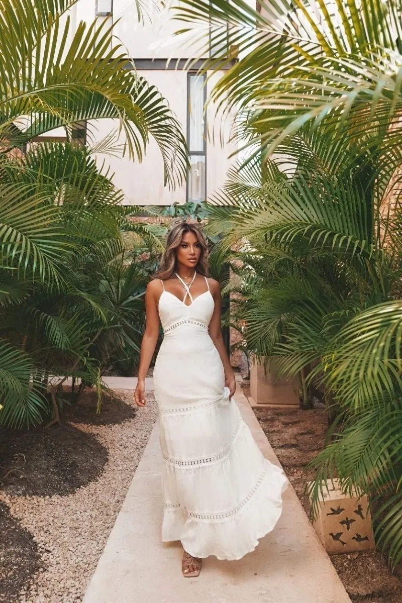 White Crochet Trim Tiered Tie Front Maxi Dress