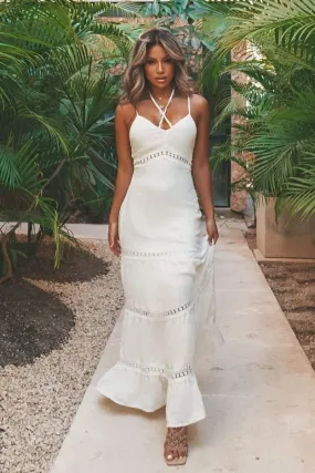 White Crochet Trim Tiered Tie Front Maxi Dress