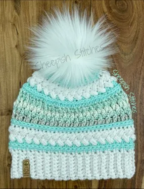 White , Mint and Multi Tone - Hand Crochet Beanie with Faux Fur Pom Pom