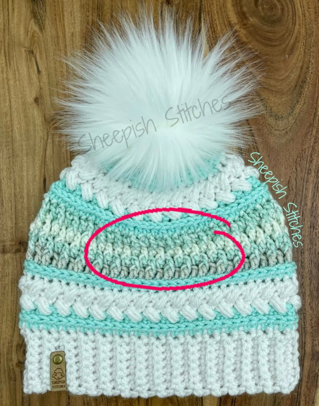 White , Mint and Multi Tone - Hand Crochet Beanie with Faux Fur Pom Pom
