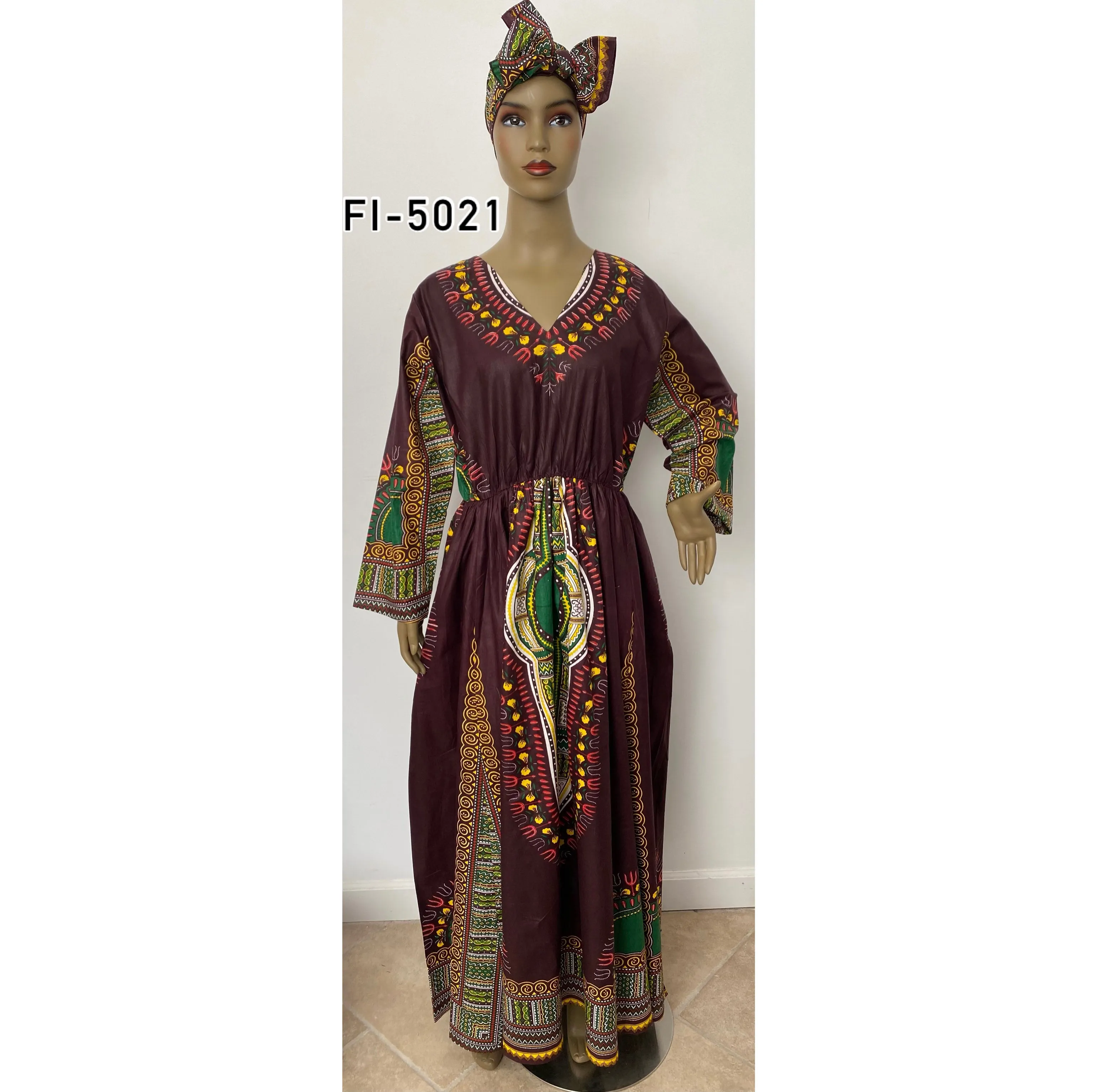 Women's Dashiki V-Neck Long Sleeve Maxi Dress - FI-D5021