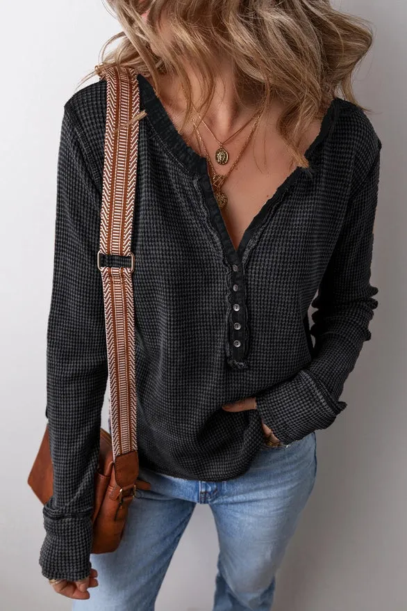 Women's L/S Relaxed Solid Waffle Knit Henley Top (Available in Green or Black)