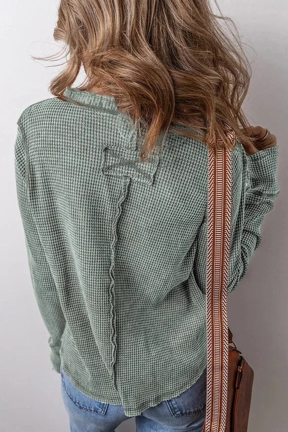 Women's L/S Relaxed Solid Waffle Knit Henley Top (Available in Green or Black)