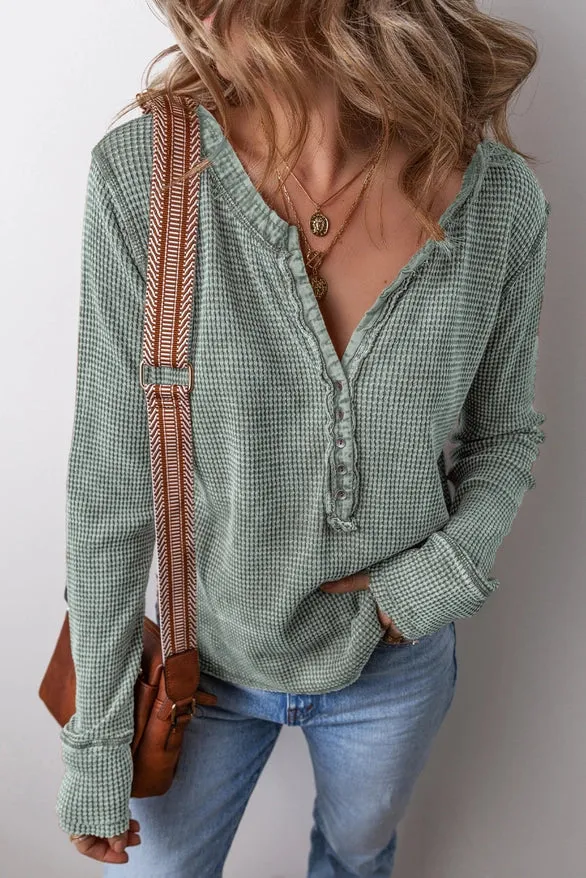 Women's L/S Relaxed Solid Waffle Knit Henley Top (Available in Green or Black)