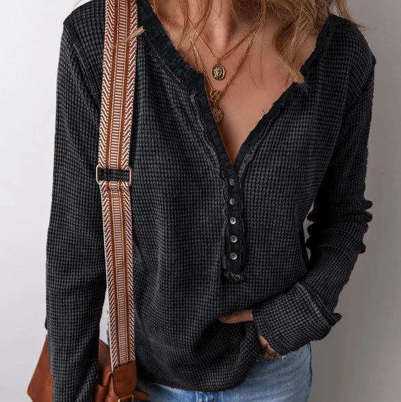 Women's L/S Relaxed Solid Waffle Knit Henley Top (Available in Green or Black)
