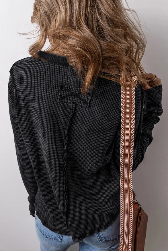 Women's L/S Relaxed Solid Waffle Knit Henley Top (Available in Green or Black)
