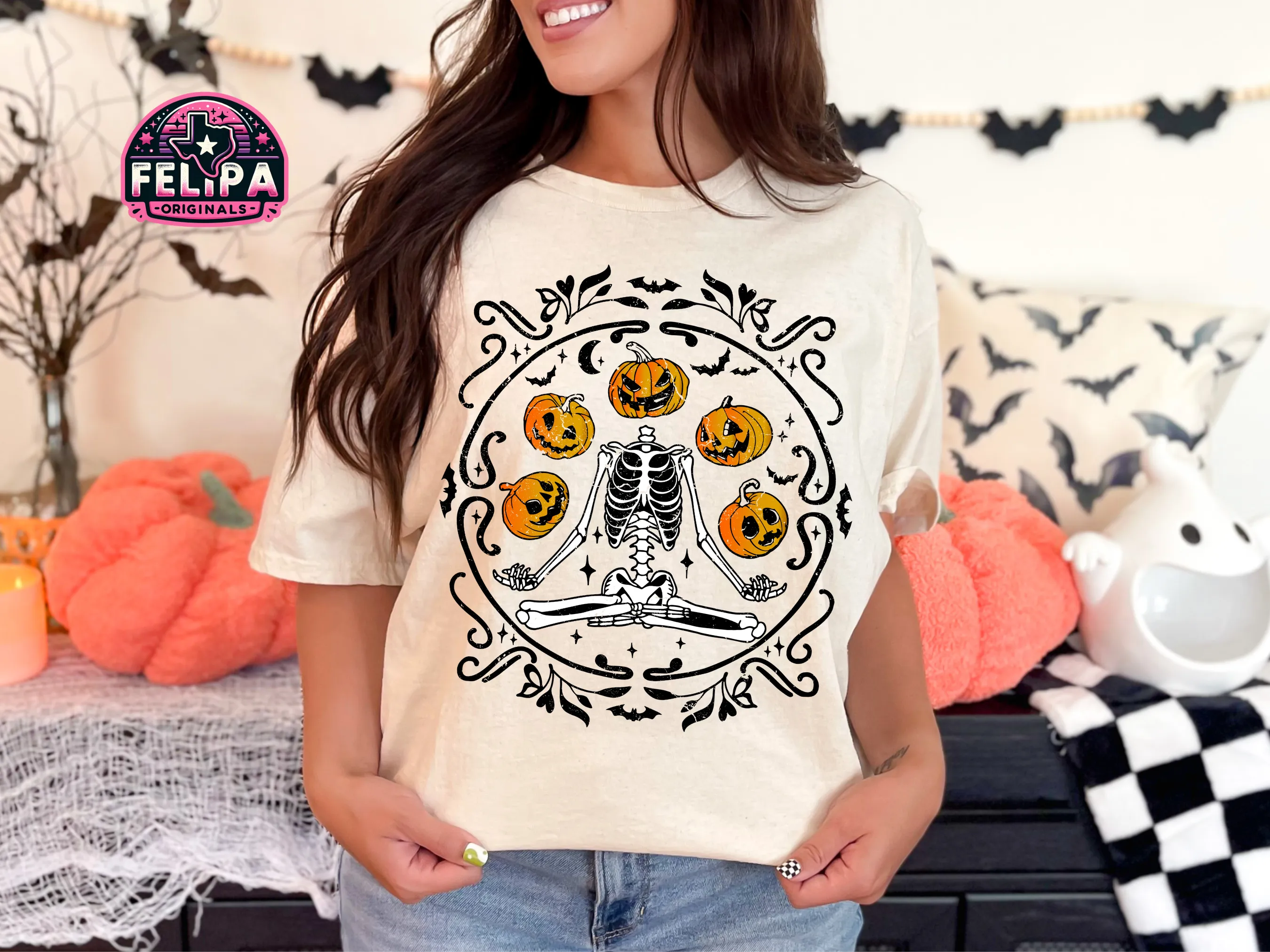 Yoga Skeleton and Pumpkins Halloween T-Shirt