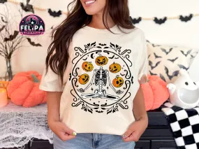 Yoga Skeleton and Pumpkins Halloween T-Shirt